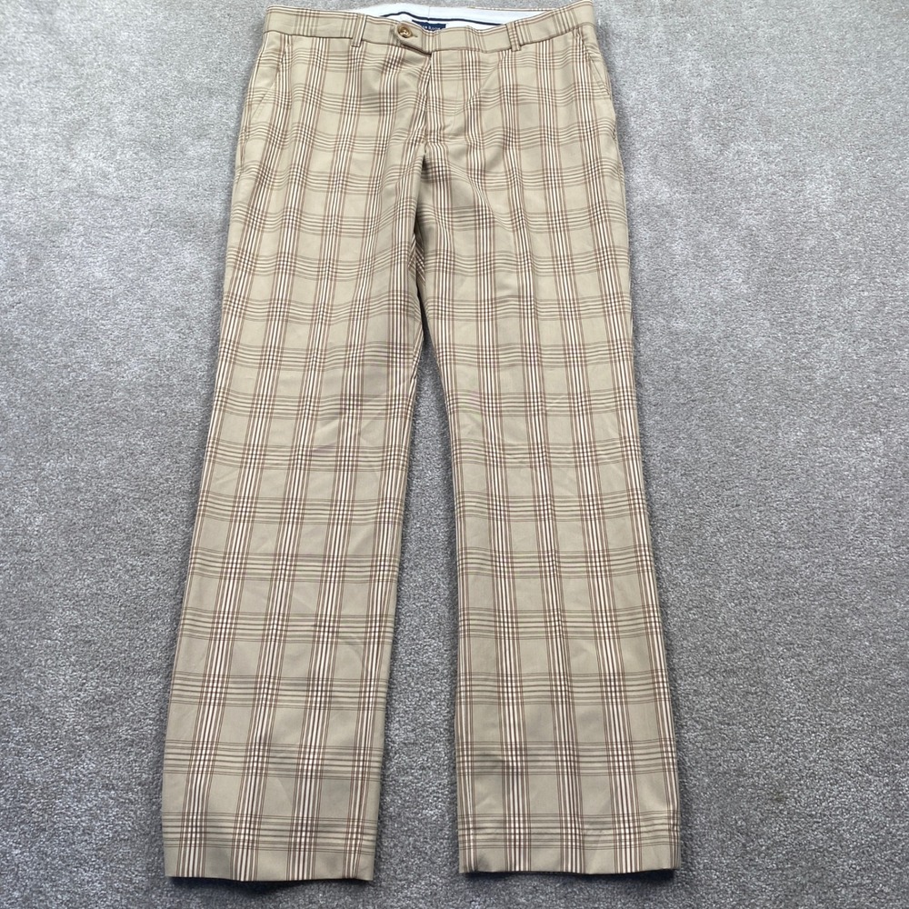 Club Room Plaid Dress Pants Mens 33x32 Tan Brown Flat Front Straight Leg Trouser